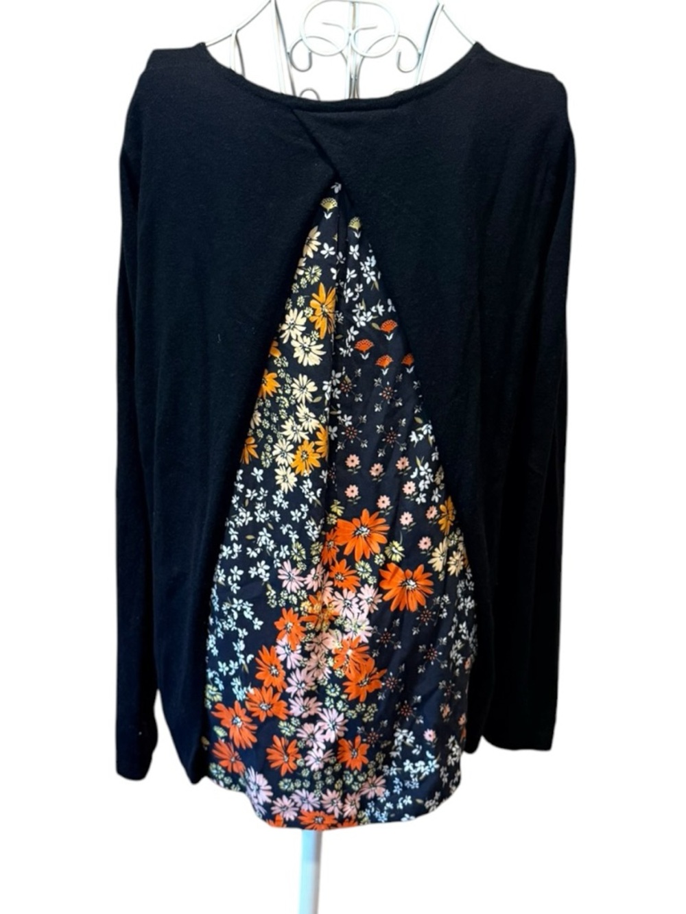Kachel Black Knit Open Back Floral Panel Long Sleeve Top Sweater Size M
